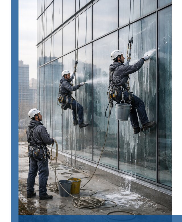 Промышленная мойка панорамных окон на высоте в Карпинске