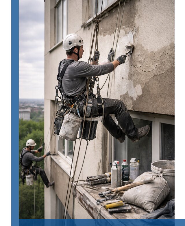 Косметический ремонт фасада зданий в Карпинске промышленными альпинистами