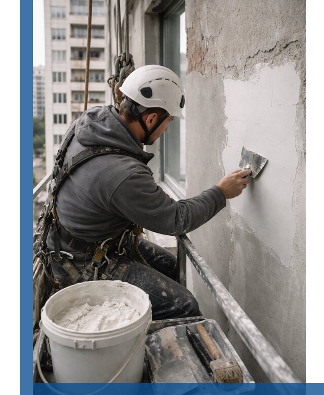 Шпаклевка фасадов на высоте с промальпинистами в Карпинске