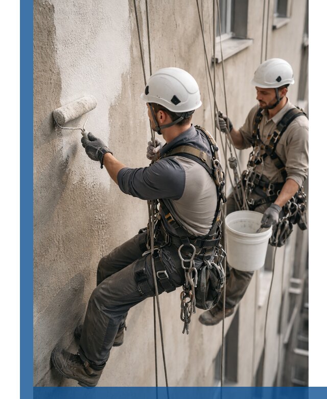 Грунтовка фасада на высоте в Карпинске промышленными альпинистами