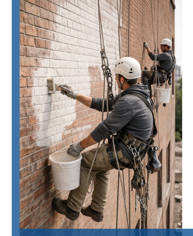 Покраска кирпичного фасада с доступным альпинистским сервисом в Карпинске