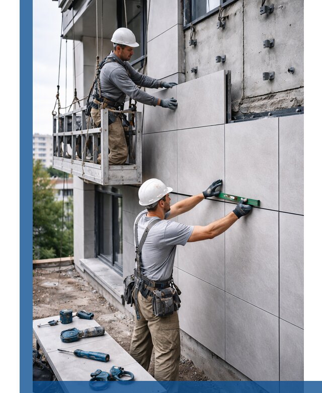 Монтаж керамогранита на фасад в Карпинске под ключ с гарантией качества