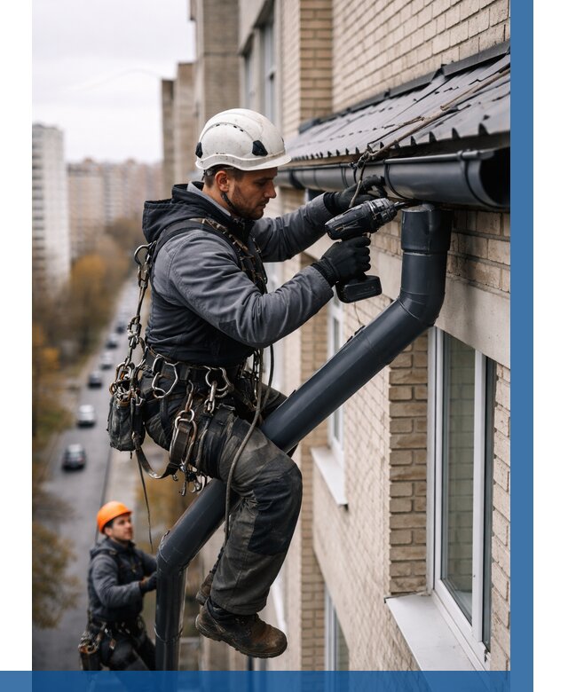 Монтаж водосточной системы на здании в Карпинске от 5134 р. | ВЫСОТНИК-Кпн