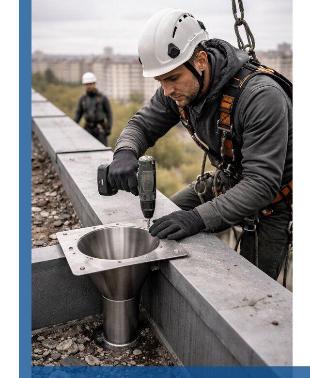 Монтаж водосточных воронок в Карпинске для промышленных зданий