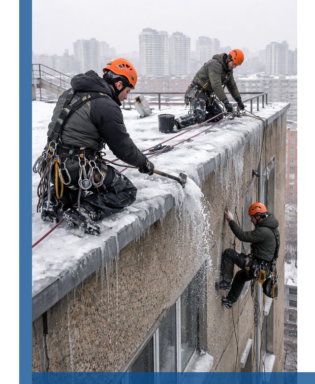 Удаление наледи с кровли в Карпинске промышленными альпинистами