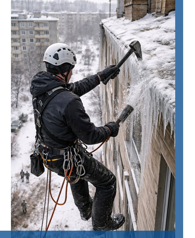 Сбивание сосулек с крыши в Карпинске по цене от 4621 р. | ВЫСОТНИК-Кпн