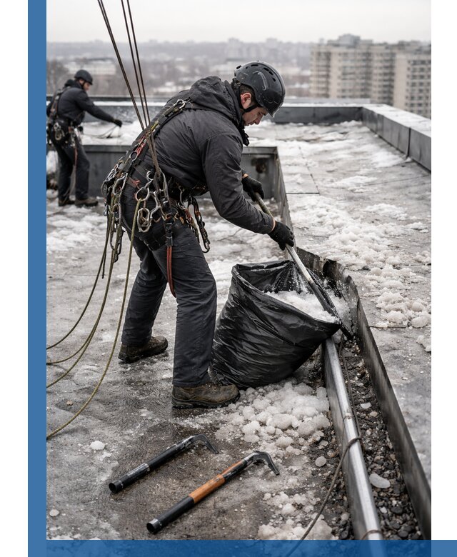 Аварийная очистка кровли в Карпинске от промальпинистов