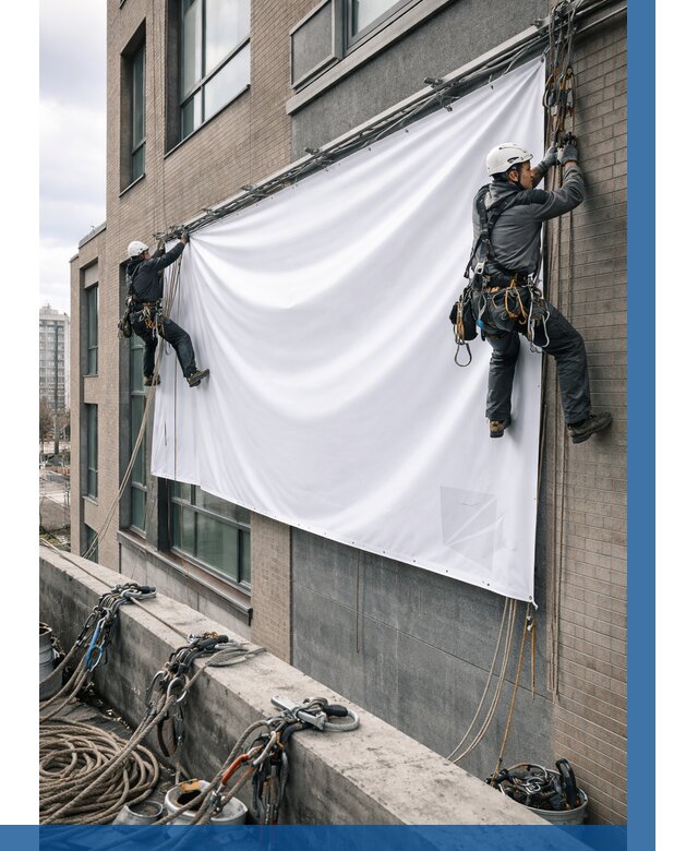 Монтаж баннеров на фасаде в Карпинске от 667 р. заказать ВЫСОТНИК-Кпн