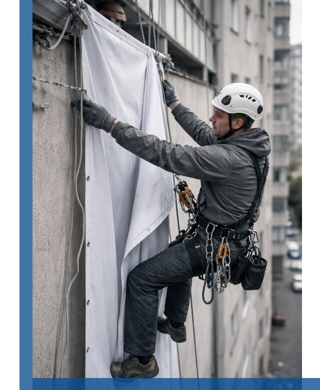 Замена баннерного полотна промышленными альпинистами в Карпинске