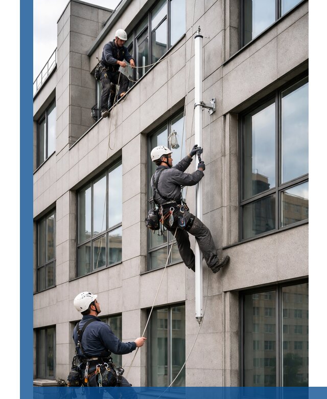 Монтаж флагштока на фасаде здания с креплением и герметикой в Карпинске