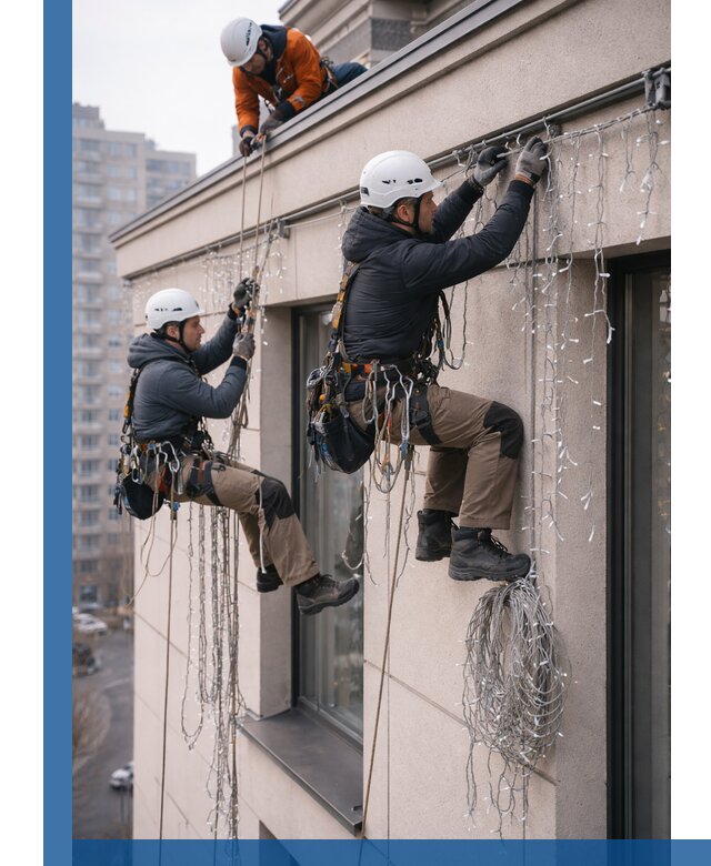 Монтаж праздничных гирлянд на фасаде в Карпинске для зданий