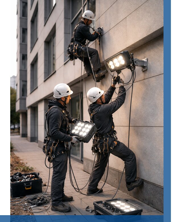 Монтаж прожекторов на фасаде в Карпинске от 7701 р. | ВЫСОТНИК-Кпн