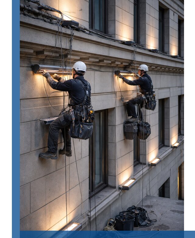 Монтаж архитектурной подсветки фасадов зданий в Карпинске