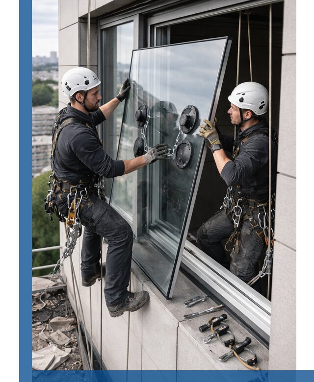 Замена стеклопакетов на высоте с промышленными альпинистами в Карпинске
