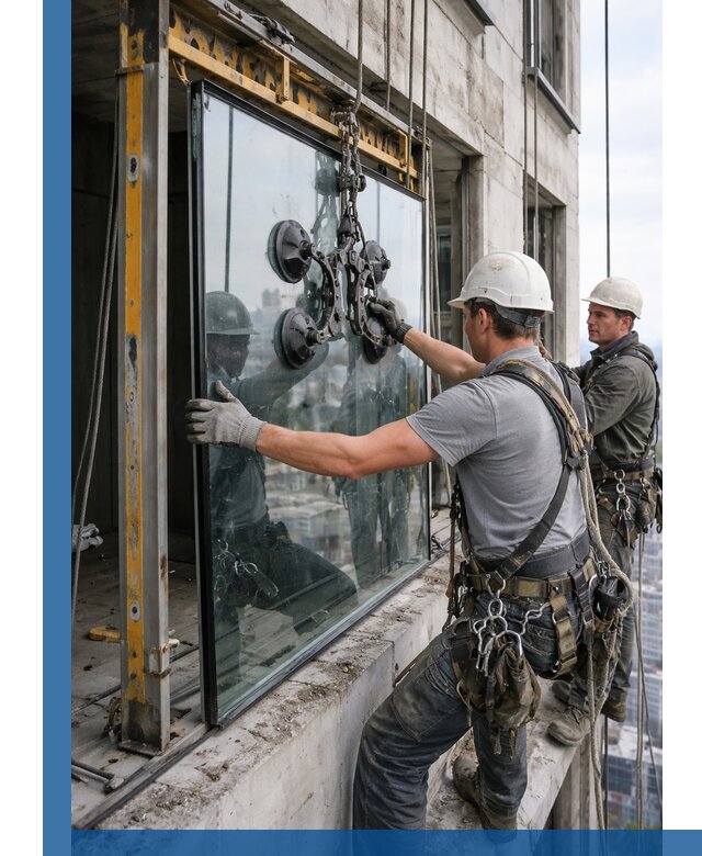 Монтаж стеклопакетов на высоте в Карпинске с промышленным альпинизмом