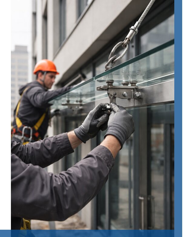 Монтаж стеклянных козырьков в Карпинске от 8728 р. | ВЫСОТНИК-Кпн