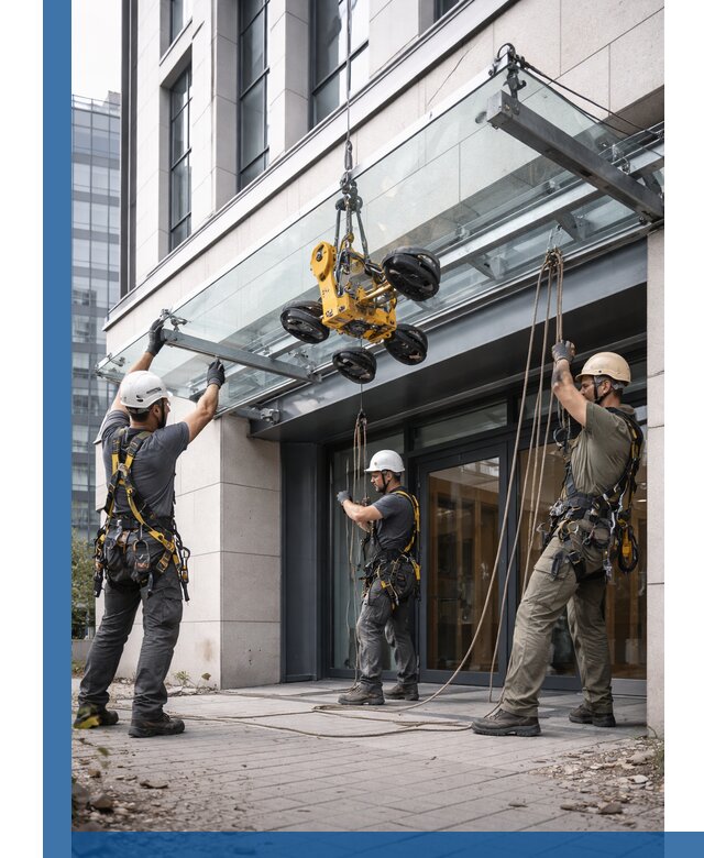 Монтаж стеклянных козырьков под ключ в Карпинске для зданий