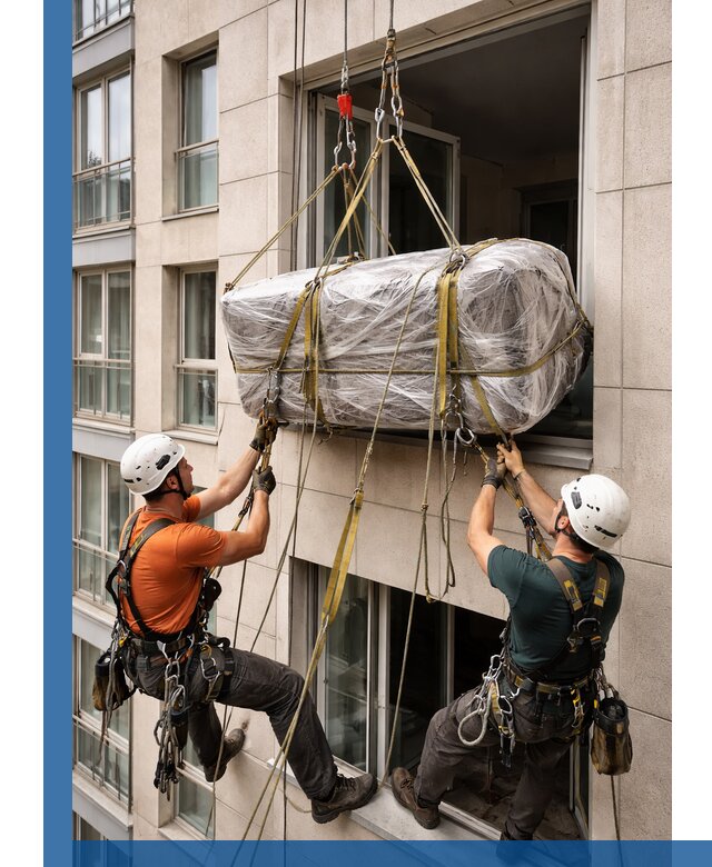 Подъем грузов через окно в Карпинске промышленными альпинистами