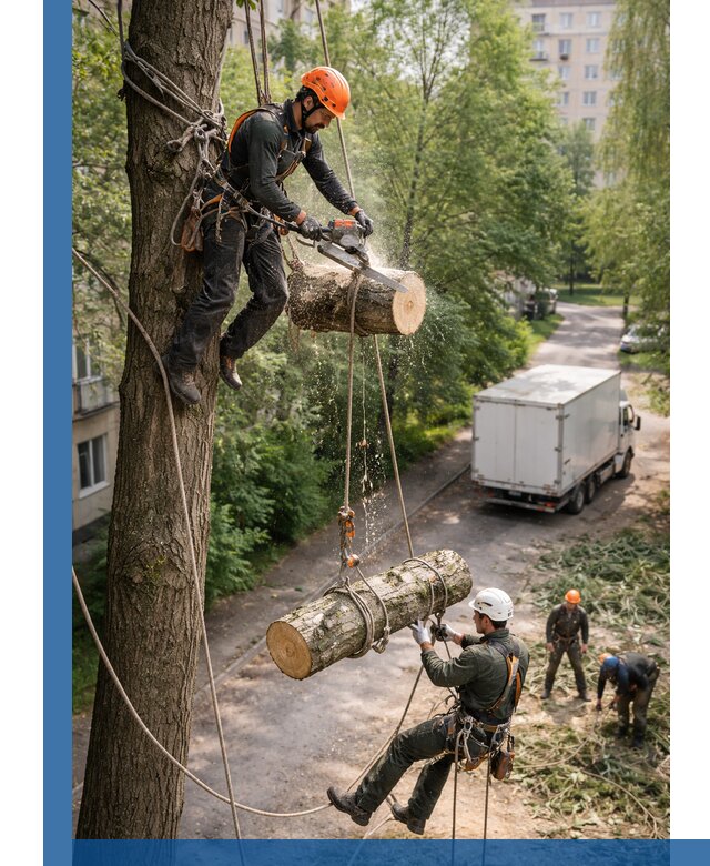 Спил деревьев альпинистами в Карпинске, безопасно и без повреждений