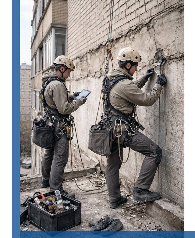 Обследование фасада промышленными альпинистами в Карпинске